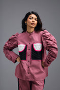 Load image into Gallery viewer, PINK CO-ORD SET WITH NEON GEOMETRIC PANEL DETAIL, BRALETTE AND ELASTICATED PANTS