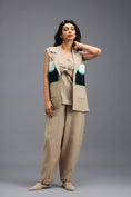 Load image into Gallery viewer, BEIGE CO-ORD SET WITH NEON GEOMETRIC PANELLED BLAZER, TWISTED TOP AND TROUSERS