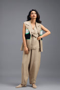 Load image into Gallery viewer, BEIGE CO-ORD SET WITH NEON GEOMETRIC PANELLED BLAZER, TWISTED TOP AND TROUSERS