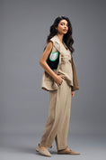 Load image into Gallery viewer, BEIGE CO-ORD SET WITH NEON GEOMETRIC PANELLED BLAZER, TWISTED TOP AND TROUSERS