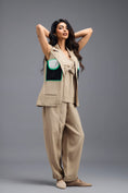 Load image into Gallery viewer, BEIGE CO-ORD SET WITH NEON GEOMETRIC PANELLED BLAZER, TWISTED TOP AND TROUSERS