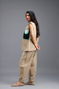 Load image into Gallery viewer, BEIGE CO-ORD SET WITH NEON GEOMETRIC PANELLED BLAZER, TWISTED TOP AND TROUSERS