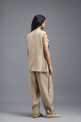 Load image into Gallery viewer, BEIGE CO-ORD SET WITH NEON GEOMETRIC PANELLED BLAZER, TWISTED TOP AND TROUSERS