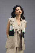 Load image into Gallery viewer, BEIGE CO-ORD SET WITH NEON GEOMETRIC PANELLED BLAZER, TWISTED TOP AND TROUSERS