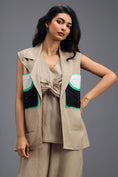 Load image into Gallery viewer, BEIGE CO-ORD SET WITH NEON GEOMETRIC PANELLED BLAZER, TWISTED TOP AND TROUSERS