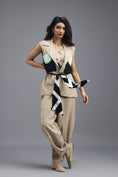 Load image into Gallery viewer, BEIGE CO-ORD SET WITH NEON GEOMETRIC PANELLED BLAZER, TWISTED TOP AND TROUSERS