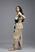 Load image into Gallery viewer, BEIGE CO-ORD SET WITH NEON GEOMETRIC PANELLED BLAZER, TWISTED TOP AND TROUSERS