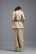 Load image into Gallery viewer, BEIGE CO-ORD SET WITH NEON GEOMETRIC PANELLED BLAZER, TWISTED TOP AND TROUSERS