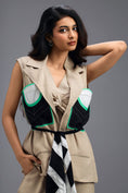 Load image into Gallery viewer, BEIGE CO-ORD SET WITH NEON GEOMETRIC PANELLED BLAZER, TWISTED TOP AND TROUSERS