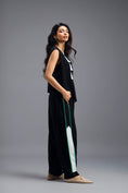 Load image into Gallery viewer, BLACK CO-ORD SET WITH NEON PIPED JACKET, CROP TOP AND STRIPE PANTS