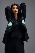 Load image into Gallery viewer, BLACK CO-ORD SET WITH GEOMETRIC PATCH DETAIL BLAZER, PEPLUM INNER AND RELAXED TROUSERS