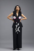 Load image into Gallery viewer, BLACK CO-ORD SET WITH NEON GEOMETRIC PANELLED SLEEVELESS BLAZER, TWISTED TOP AND TROUSERS