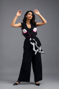 Load image into Gallery viewer, BLACK CO-ORD SET WITH NEON GEOMETRIC PANELLED SLEEVELESS BLAZER, TWISTED TOP AND TROUSERS