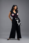 Load image into Gallery viewer, BLACK CO-ORD SET WITH NEON GEOMETRIC PANELLED SLEEVELESS BLAZER, TWISTED TOP AND TROUSERS