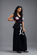 Load image into Gallery viewer, BLACK CO-ORD SET WITH NEON GEOMETRIC PANELLED SLEEVELESS BLAZER, TWISTED TOP AND TROUSERS