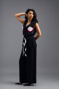 Load image into Gallery viewer, BLACK CO-ORD SET WITH NEON GEOMETRIC PANELLED SLEEVELESS BLAZER, TWISTED TOP AND TROUSERS
