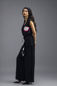 Load image into Gallery viewer, BLACK CO-ORD SET WITH NEON GEOMETRIC PANELLED SLEEVELESS BLAZER, TWISTED TOP AND TROUSERS