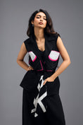 Load image into Gallery viewer, BLACK CO-ORD SET WITH NEON GEOMETRIC PANELLED SLEEVELESS BLAZER, TWISTED TOP AND TROUSERS