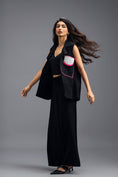 Load image into Gallery viewer, BLACK CO-ORD SET WITH NEON GEOMETRIC PANELLED SLEEVELESS BLAZER, TWISTED TOP AND TROUSERS