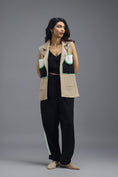 Load image into Gallery viewer, BEIGE CO-ORD SET WITH NEON GEOMETRIC PANELLED SLEEVELESS BLAZER, TWISTED TOP AND STRIPE PANTS