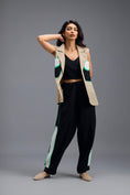Load image into Gallery viewer, BEIGE CO-ORD SET WITH NEON GEOMETRIC PANELLED SLEEVELESS BLAZER, TWISTED TOP AND STRIPE PANTS