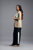 Load image into Gallery viewer, BEIGE CO-ORD SET WITH NEON GEOMETRIC PANELLED SLEEVELESS BLAZER, TWISTED TOP AND STRIPE PANTS