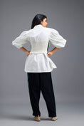 Load image into Gallery viewer, BLACK CO-ORD SET WITH KNOTTED BUSTIER, OVERSIZED SHIRT AND SIDE-STRIPE TROUSERS