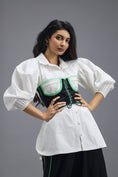Load image into Gallery viewer, BLACK CO-ORD SET WITH KNOTTED BUSTIER, OVERSIZED SHIRT AND SIDE-STRIPE TROUSERS