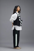 Load image into Gallery viewer, BLACK CO-ORD SET WITH PANELLED VEST, PUFF-SLEEVE SHIRT AND CONTRAST STRIPE TROUSERS