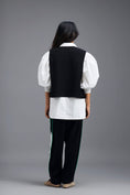 Load image into Gallery viewer, BLACK CO-ORD SET WITH PANELLED VEST, PUFF-SLEEVE SHIRT AND CONTRAST STRIPE TROUSERS