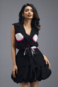 Load image into Gallery viewer, BLACK CO-ORD SET WITH NEON GEOMETRIC PANELLED SLEEVELESS BLAZER AND BUBBLE SKIRT
