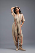 Load image into Gallery viewer, BEIGE ZIP-FRONT JUMPSUIT WITH NEON CONTRAST PIPING