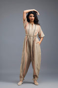 Load image into Gallery viewer, BEIGE ZIP-FRONT JUMPSUIT WITH NEON CONTRAST PIPING