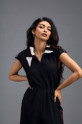 Load image into Gallery viewer, BLACK DRAWSTRING JUMPSUIT WITH NEON SIDE PANEL DETAIL