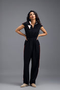 Load image into Gallery viewer, BLACK DRAWSTRING JUMPSUIT WITH NEON SIDE PANEL DETAIL