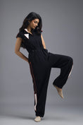 Load image into Gallery viewer, BLACK DRAWSTRING JUMPSUIT WITH NEON SIDE PANEL DETAIL
