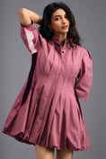 Load image into Gallery viewer, DUSTY PINK PLEATED MINI DRESS WITH NEON PANELLED SIDE DETAIL AND BUBBLE HEM