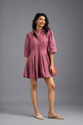 Load image into Gallery viewer, DUSTY PINK PLEATED MINI DRESS WITH NEON PANELLED SIDE DETAIL AND BUBBLE HEM