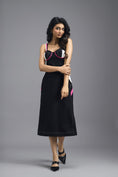 Load image into Gallery viewer, BLACK ASYMMETRIC MIDI DRESS WITH CONTRAST PINK BUSTIER AND RUFFLE HEM