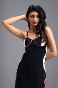 Load image into Gallery viewer, BLACK ASYMMETRIC MIDI DRESS WITH CONTRAST PINK BUSTIER AND RUFFLE HEM