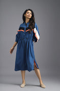 Load image into Gallery viewer, BLUE RELAXED FIT MIDI DRESS WITH NEON CONTRAST PANEL DETAIL