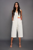 Load image into Gallery viewer, White V Neck Overlap Jumpsuit With Attached Belt
