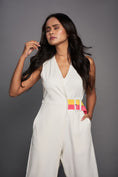 Load image into Gallery viewer, White V Neck Overlap Jumpsuit With Attached Belt