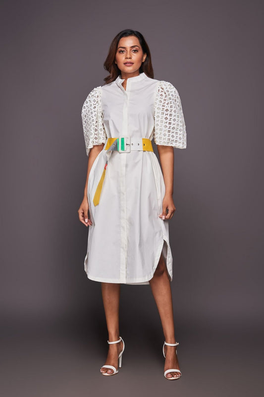 White Shirt Dress With Cutwork Sleeves With Belt