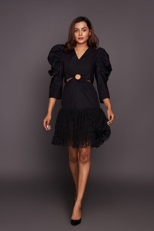 Black Dress With Dramatic Sleeves And Cutwork Bottom
