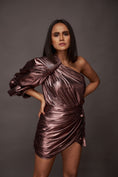 Load image into Gallery viewer, Copper One Shoulder Puffed Sleeve Metallic Foil Short Dress