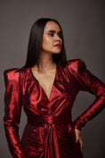 Load image into Gallery viewer, Red Metallic Foil Draped Short Dress