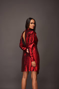 Load image into Gallery viewer, Red Close Neck Asymetric Metallic Foil Short Dress With Open Back