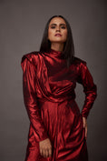 Load image into Gallery viewer, Red Close Neck Asymetric Metallic Foil Short Dress With Open Back
