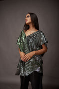 Load image into Gallery viewer, Silver & Green Pleated Metallic Overlap Drape Top